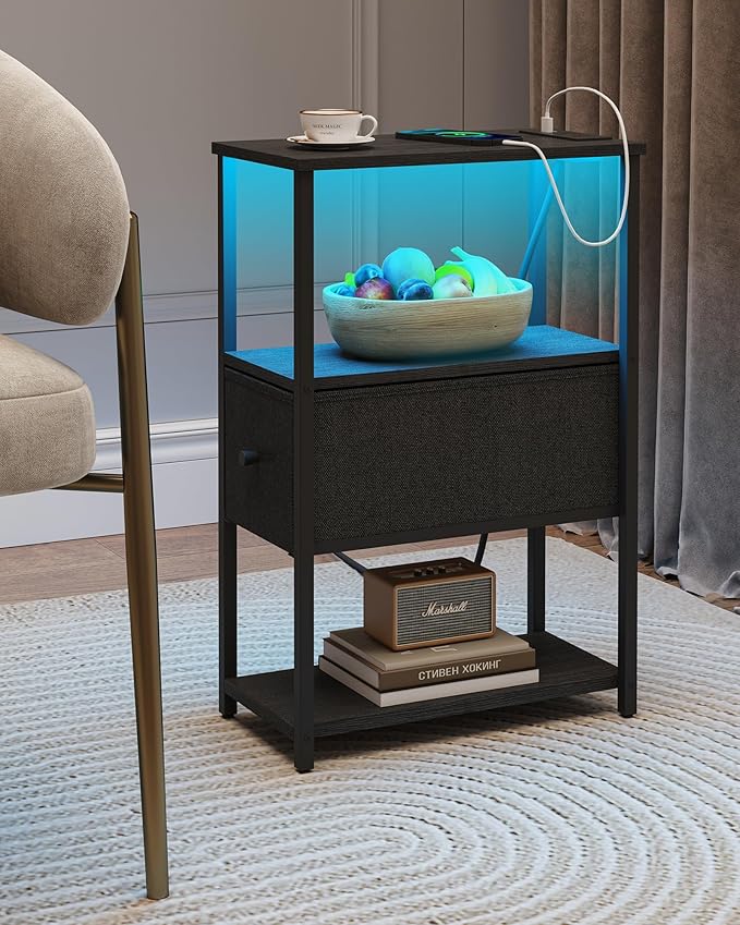 TUTOTAK Small Narrow LED End Table with Charging Station, Side Table Outlets, Nightstand with Cloth Drawer, Set of 2, Couch Table, for Living Room, Bedroom, Bedside, Black TB01BK059
