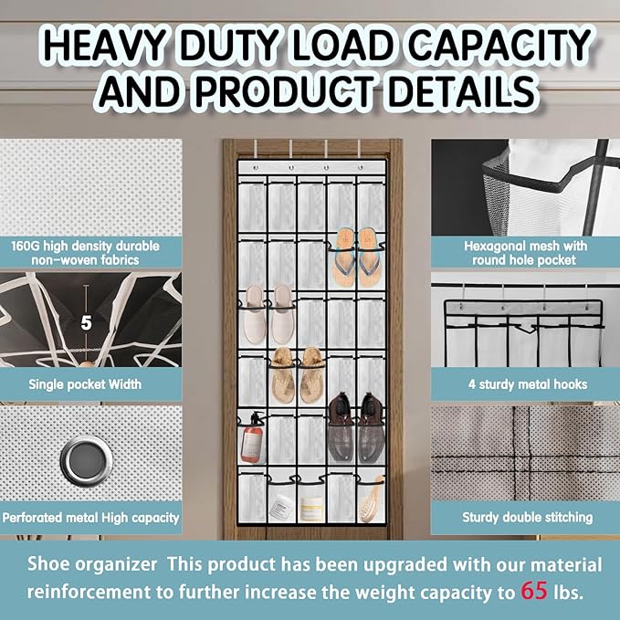 Over the Door Shoe Organizer with 30 Breathable Mesh Pockets - Large Capacity Closet Storage for Men & Women, Hanging Shoe Rack Organizer (White)