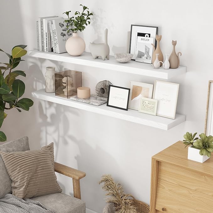 55"W x 9"D Floating Shelves Set of 2, 9.3 Inch Deep Floating Shelves Wall Mounted, Wide Wall Shelves Invisible Bracket, Deep Storage Shelves for Living Room, Bathroom, Kitchen, White Color