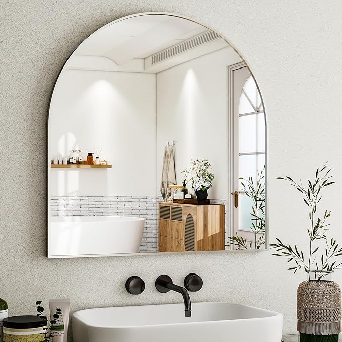 Arched Bathroom Mirror, 32x34 Inch - Wall Mounted Vanity Mirror with Aluminum Alloy Frame - Ideal for Living Room, Bedroom, Bathroom, and Entryway, Hanging or Leaning,Sliver