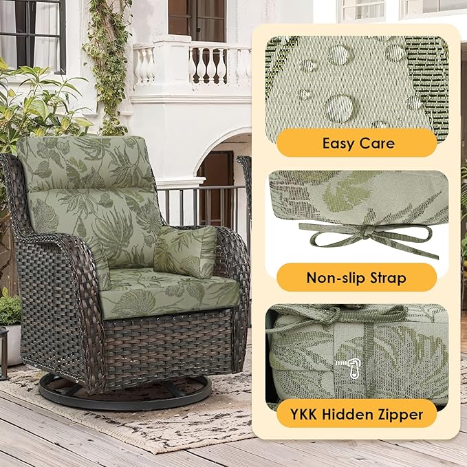 Outdoor High Back Chair Cushion, 2 Pack 48 x 24 inches Patio Chair Cushions Water Repellent Rocking Cushions Indoor Furniture Seat Pad with 2 Pillows, Dark Green Vine