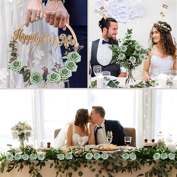 Artificial Flowers 50Pcs Elf Gree Roses Real Looking Foam Fake Roses with Leaves for DIY Wedding Bouquets Bridal Shower Centerpieces Party Decorations (Elf Green, 50)