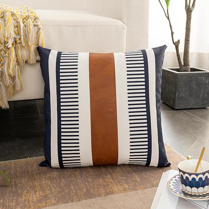 Boho Stripe Throw Pillow Cover 20x20 Decorative Couch Pillow Case,Faux Leather Modern Accent Cushion Cover for Sofa Bed Chair- Rustic Farmhouse Decor, Navy Blue