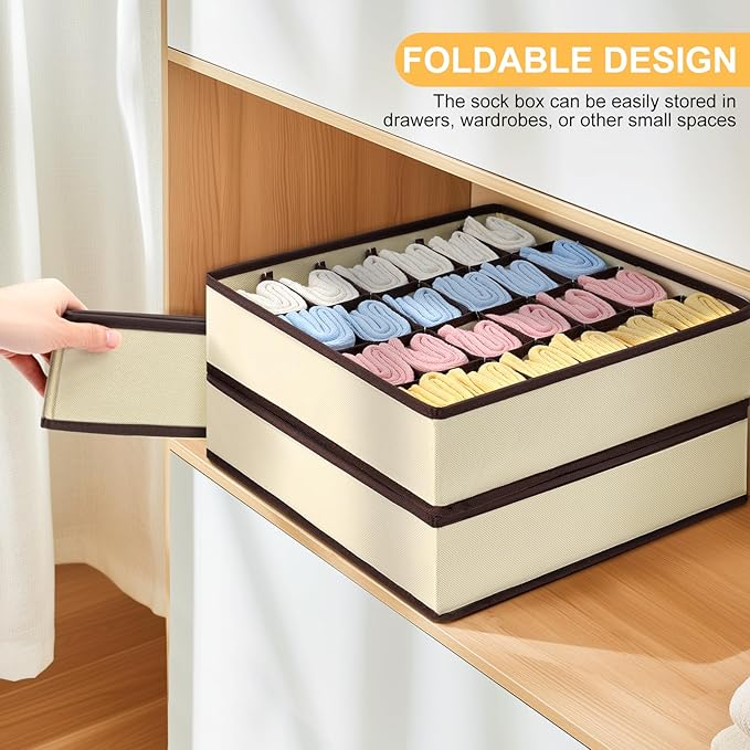 Joyoldelf Sock Drawer Organizer Divider Underwear Organizer 24-cell Fabric Dresser Drawer Organizers Storage Boxes for Socks Lingerie, Handkerchiefs, Ties 4 Pack (Beige)