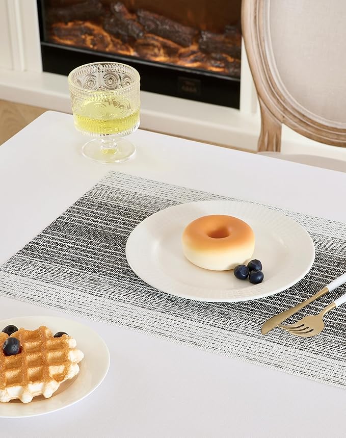 Leetaltree Black with White Woven Placemats Set of 12 - Heat Resistant Non-Slip Place mats for Dining Table, Washable Durable PVC Vinyl Woven Table Mats(Black with White, 12)