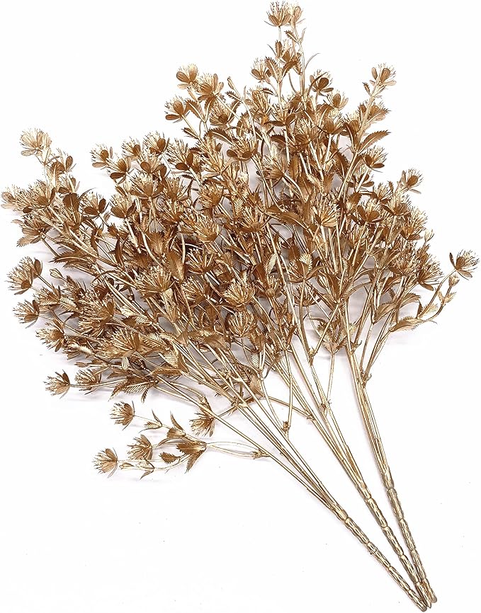 Christmas Artificial Flowers, Golden Baby Breath Gypsophila Plastic Plant Fake Plants for Wedding Bridal Bouquet Party Indoor DIY Home Office Table Centerpieces Arrangements Decoration - Gold 3 Pack