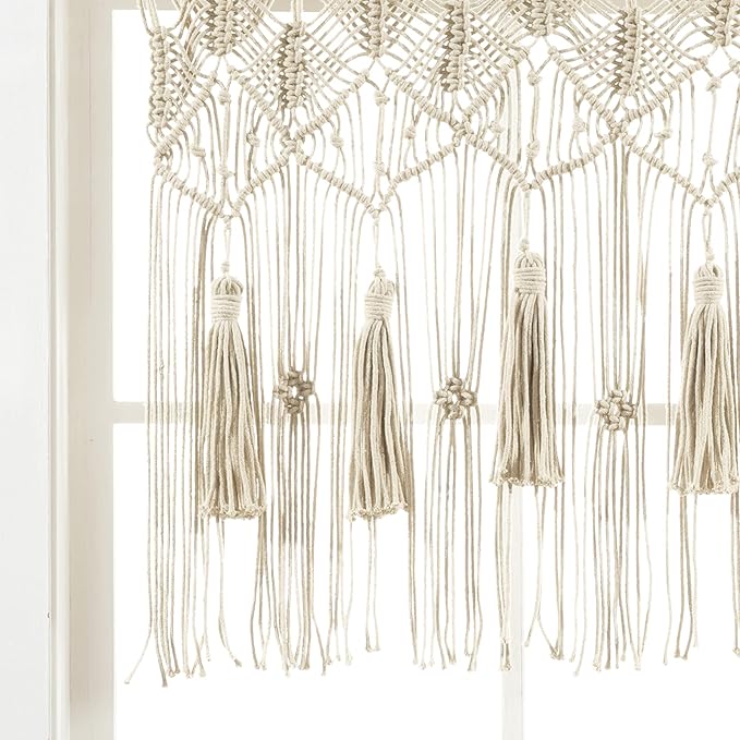Lush Decor Boho Macrame Tassel Cotton Valance/Kitchen Curtain/Wall Decor, 30" L x 40" W, Neutral