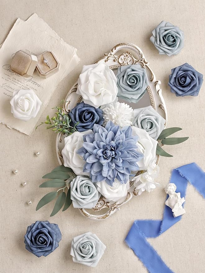 MISSPIN Artificial Flowers DIY Box Set Fake Roses Bouquet Bridal Wedding Flowers Colorful Centerpiece Table Decorations Boho Faux Floral with Stems Arrangements for Cake Home Party Indoor Outdoor