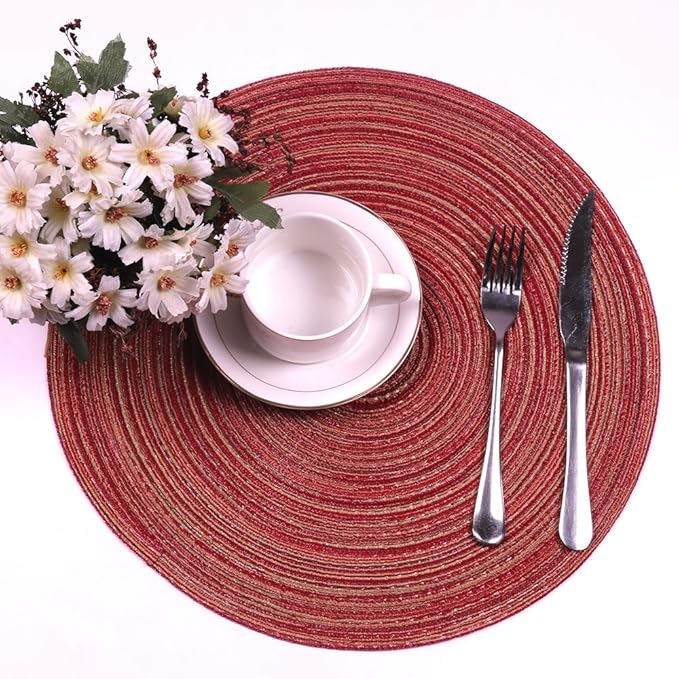 Topotdor 14 Inch Round Placemats Heat-Resistant Stain Resistant Anti-Skid Washable Polyproplene Table Mats Placemats (Burgundy Multi Color, Set of 6)