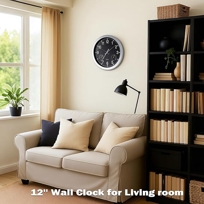 AYRELY® 12 inch Silent Wall Clock with Temperature & Humidity – Battery Operated Decorative Clock for Home, Kitchen, Bedroom (Black, 12 inch)