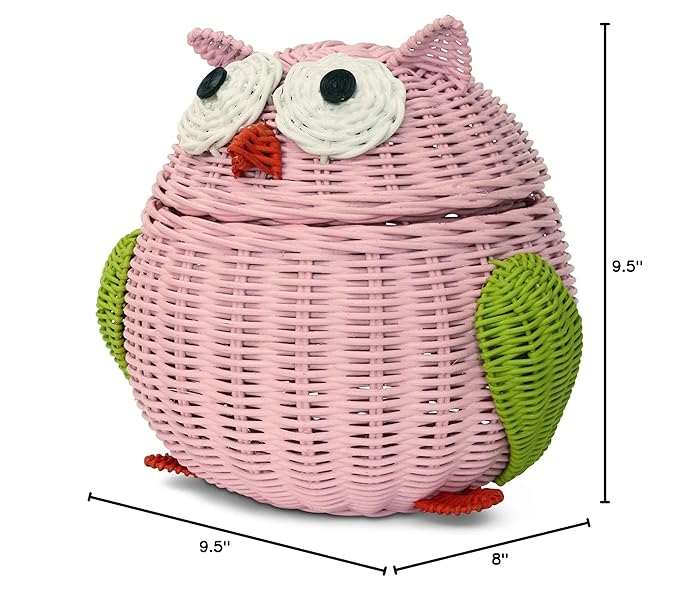Owl Rattan Storage Basket With Lid Decorative Bin Home Decor Hand Woven Shelf Organizer Cute Handmade Handcrafted Nursery Gift Animal Art Decoration Artwork Wicker Hoot Owl (Large, Pink)