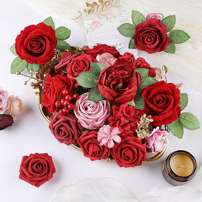 AmyHomie Red Artificial Flowers Combo Silk Mix Peony Rose Fake Flowers w/Stem for Valentine's Day DIY Wedding Bouquets Centerpieces Table Fall Decor Party Bridal Baby Shower Home Decorations