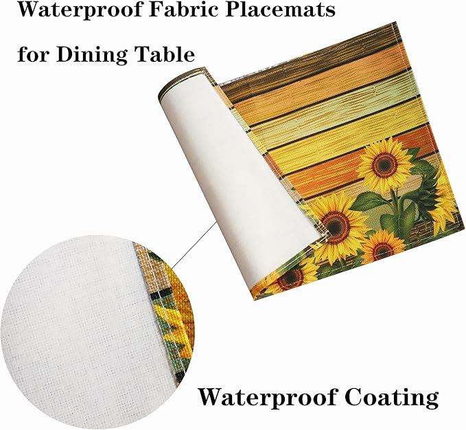 Sunflower Table Placemats Set of 4 - Heat Resistant Washable Wipeable Linen Fabric Rectangle Place Mats Table Mats for Kitchen Dining Dinner- 18 X 12 Inch, Yellow