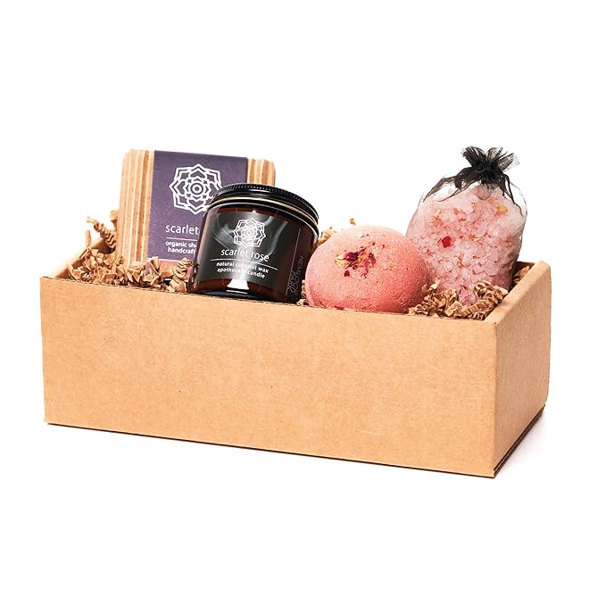 Hemlock Park Scarlet Rose Artisanal Spa Gift Box | Apothecary Candle, Shea Butter Soap, Bath Bomb, Mineral Salt Bath Soak | Handcrafted with Plant Based Ingredients