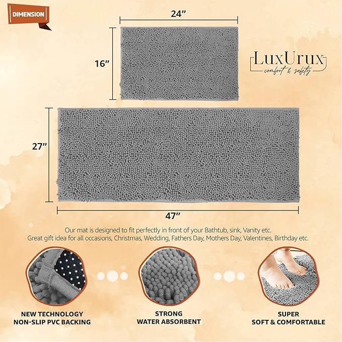 LuxUrux 2-Piece Bathroom Rug Set - Ultra-Plush Chenille Mats, Includes Runner Rug, Soft, Absorbent, Non-Slip & Stylish (27x47 & 16x24 inches, Light Grey)