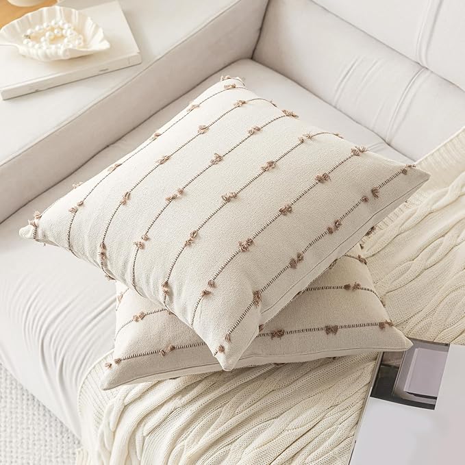 Boho Throw Pillow Covers 22x22 Set of 2 Modern Farmhouse Decorative Cushion Case Tufted Square Pillows Cover Neutral Pillow Cases Accent Pillowcase for Sofa,Couch,Bed,Beige and Khaki