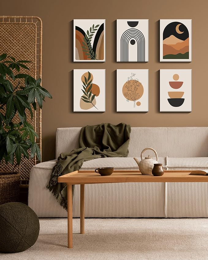 Drsoum Boho Wall Decor 12x16in Bohemain Wood Wall Art Mid Century Modern Minimalist Abstract 𝗙𝗿𝗮𝗺𝗲𝗱 Boho Room Decor 6pcs (Framed)