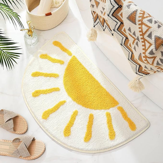 Bathroom Rugs Mat Half Circle - Cute Sun Fun White Yellow Boho Bath Mats Non Slip, Soft Absorbent Microfiber Bohemian Rug, Semi Round Machine Washable Rubber Rugs for Floor Bedroom Toilet Door Bathmat