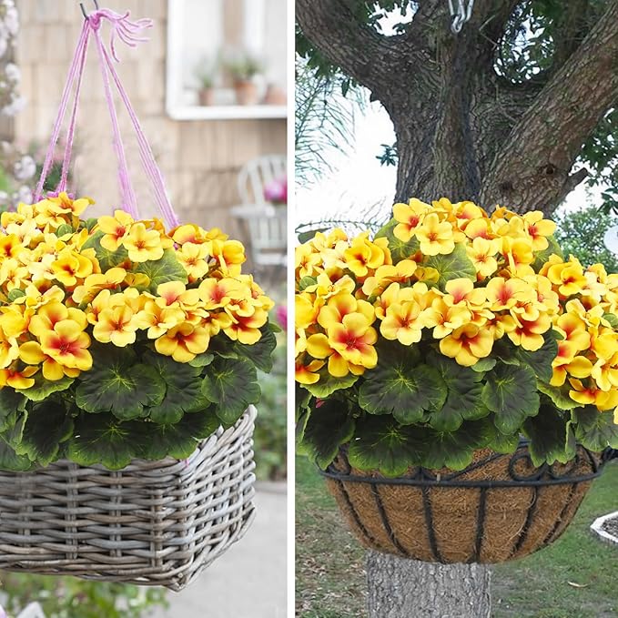 2 Pcs Artificial Geraniums for Outdoor Silk Geranium Flowers Yellow Artificial Geranium Bush Faux Flowers Geraniums Branch for Garden Patio Grave Cemetary Vase Table Centerpiece Indoor Decor