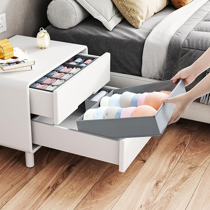 Drawer Organizer Clothes - Foldable Underwear Organizer and Sock Organizer, Bra organizer Fabric Dresser Drawer Organizer Divider for Socks, Bra, Underwear, Tie, 4 Pack, Grey