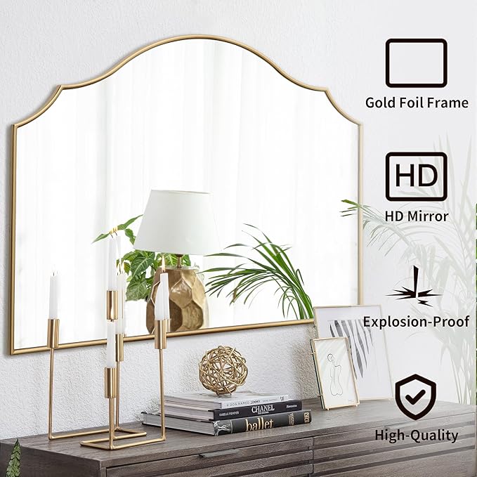 Gold Scalloped Wall Mirror: 40"x29" Large Modern Minimalist Vanity Arched Mirror for Home Decor/Living Room/Bedroom/Fireplace/Mantle/Entryway