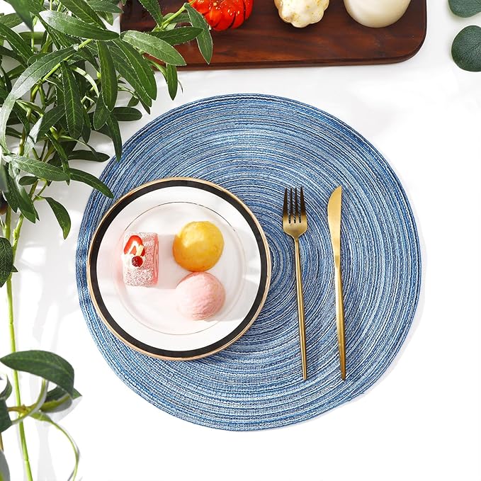 SHACOS Round Braided Placemats Set of 4 Dining Table Placemats 15 inch Circle Place Mats Easy to Clean Table Mats Indoor Outdoor, Blue Gray