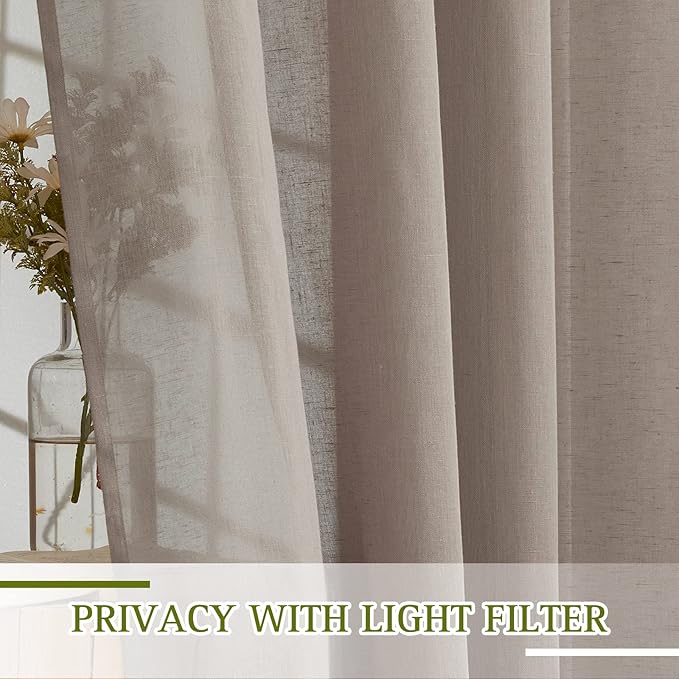 NICETOWN Linen Sheer Curtains 96 inches Long, (Burlap) Grommet Semi Sheer Flax Textued Vertical Drapes Privacy with Light Filtering for Living Room/Farm House, W52 x L96, 1 Pair
