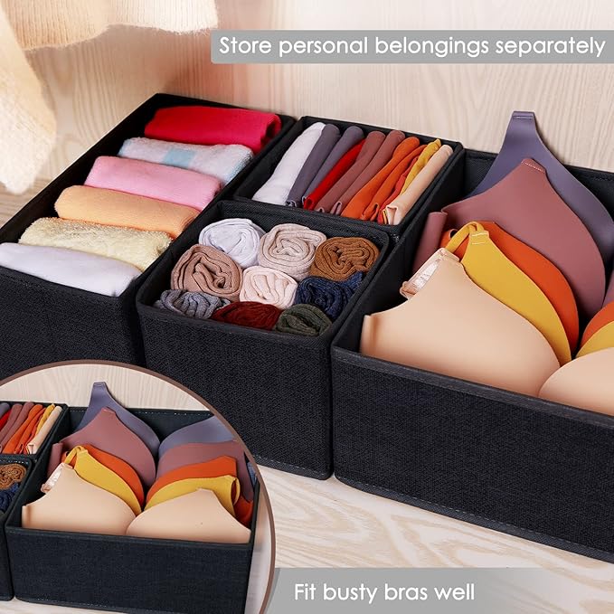 Criusia 6 Pack Clothes Drawer Organizer Dividers, Fabric Foldable Closet Dresser Drawer Organizer for Clothing, Bra Sock Underwear Drawer Organizer for Nursery Bedroom Organization (6 Bins, Black)