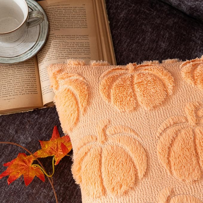 Pumpkin Fall Decorative Throw Pillow Covers 12"x20", Set of 2 Light Gold Soft Faux Fur Pillow Covers for Autumn Harvest, Fluffy Plush Accent Pillow Cases for Farmhouse Couch Cushion Covers