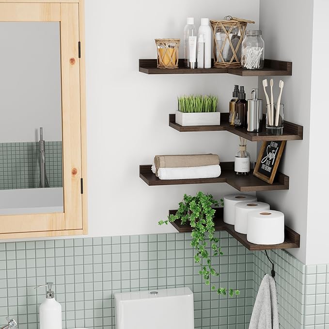 4 Tier Floating Corner Shelves - Set of 4 Rustic Wooden Floating Corner Wall Shelf with Cord Hole, L Shaped Corner Shelf Wall Mount for Bedroom,Living Room,Bathroom,Kitchen, Walnut Color