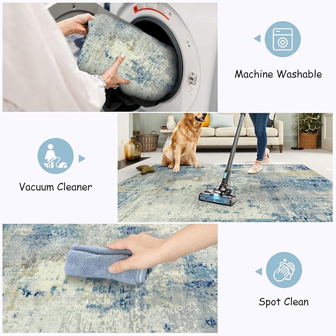 Lahome Modern Abstract 6x9 Area Rugs for Living Room, Washable Accent Bedroom Rug Low Pile Stain Resistant, Blue Soft Indoor Contemporary Carpet for Dining Room Table Apartment