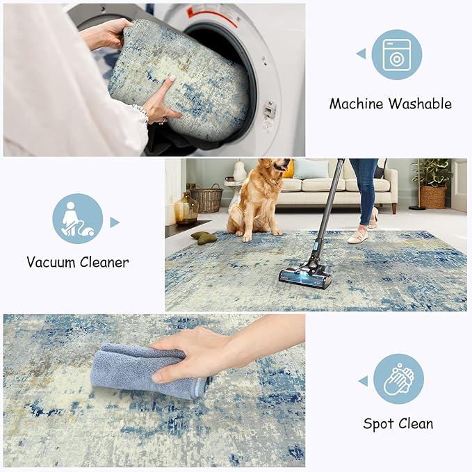 Lahome Modern Abstract 9x12 Area Rugs for Living Room, Washable Living Room Rug for Bedroom Low Pile Non Slip, Soft Indoor Accent Carpet for Dining Room Table Apartment, Blue/Grey