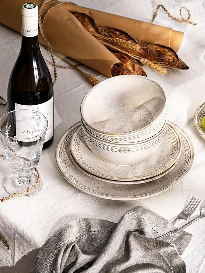 LE TAUCI Dinnerware Sets for 4, Stoneware 12 Piece Ceramic Plates & Bowls | Oven/Dishwasher/Microwave Safe | Ideal for Housewarming | Reactive Beige (10" Plate+8" Dish+27oz Bowl)