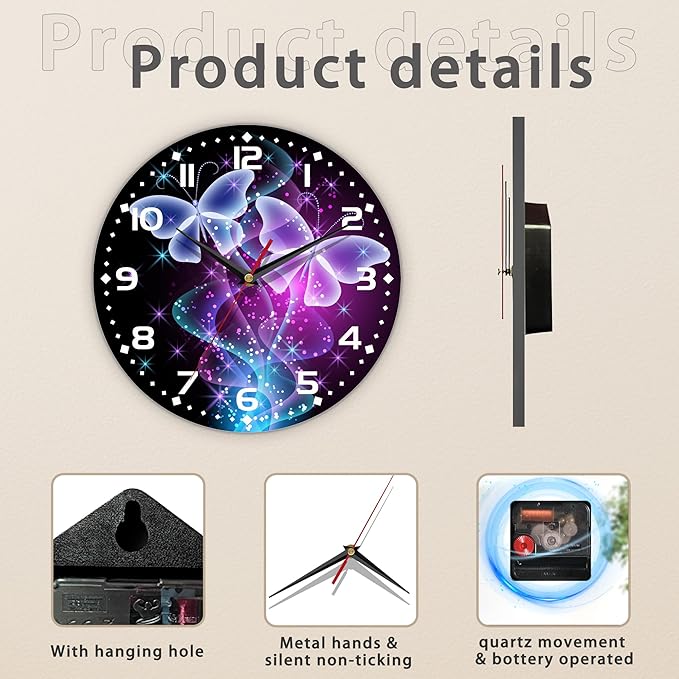 Clock for Living Room, The Abstract And Wonderful Butterfly Under The Starry Sky Wall Clock, Contemporary Home Decor Easy to Read Wall Clock for Living Room, Bedroom, Bathroom and Kitchen, 10 Inch