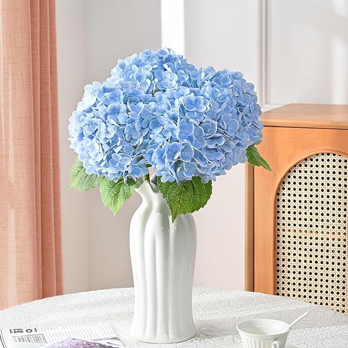 MARTINE MALL 4Pcs 21in Hydrangea Artificial Flowers, Latex Real Touch Hydrangeas Lifelike Large Hydrangea Flowers for Home Decor Party Arrangements Wedding Bouquets Centerpieces (Blue)
