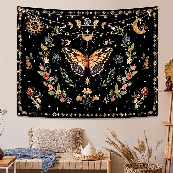 Lunerfex Boho Butterfly Tapestry Flower Moon Wall Tapestry, Moon Phases Tapestries for Bedroom Cute Tapestries Wall Hanging for Bedroom Living Room Wall Decor Butterfly-1 70"x90"