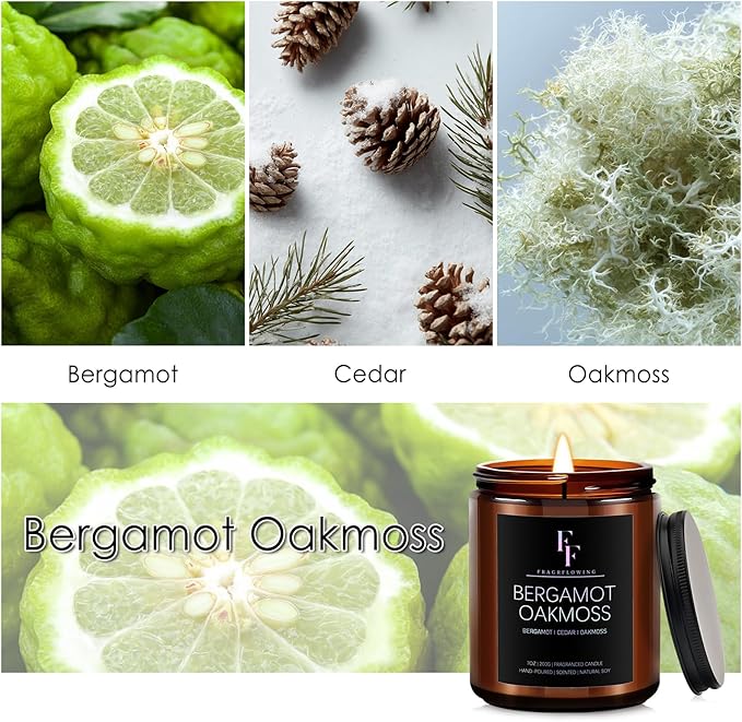 Bergamot Oakmoss Scented Candle for Home Soy Wax Candle, Aromatherapy Candle Gift for Women Men, 7oz