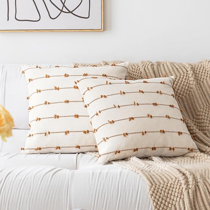 Boho Throw Pillow Covers 24x24 Set of 2 Modern Farmhouse Decorative Cushion Case Tufted Square Pillows Cover Neutral Pillow Cases Accent Pillowcase for Sofa,Couch,Bed,Beige and Brown
