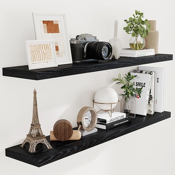 55"W x 9"D Floating Shelves Set of 2, 9.3 Inch Deep Floating Shelves Wall Mounted, Wide Wall Shelves Invisible Bracket, Deep Storage Shelves for Living Room, Bathroom, Kitchen, Black Color
