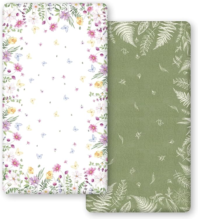 Horaldaily 2 Pack Fitted Crib Sheet for Boys Girls, Fits Standard Size Crib Mattress 28in x 52in, Soft Breathable Washable Jersey Microfiber Baby Crib Sheet, Wild Floral Nursery Sheet Green/White