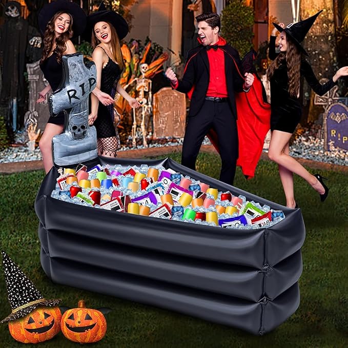 TURNMEON 43 Inch Halloween Inflatable Tombstone Coffin Drink Cooler 100+ Cans Large Capacity Halloween Party Decorations Indoor Outdoor Home Party Supplies Inflatable Serving Bar Food Drink Container