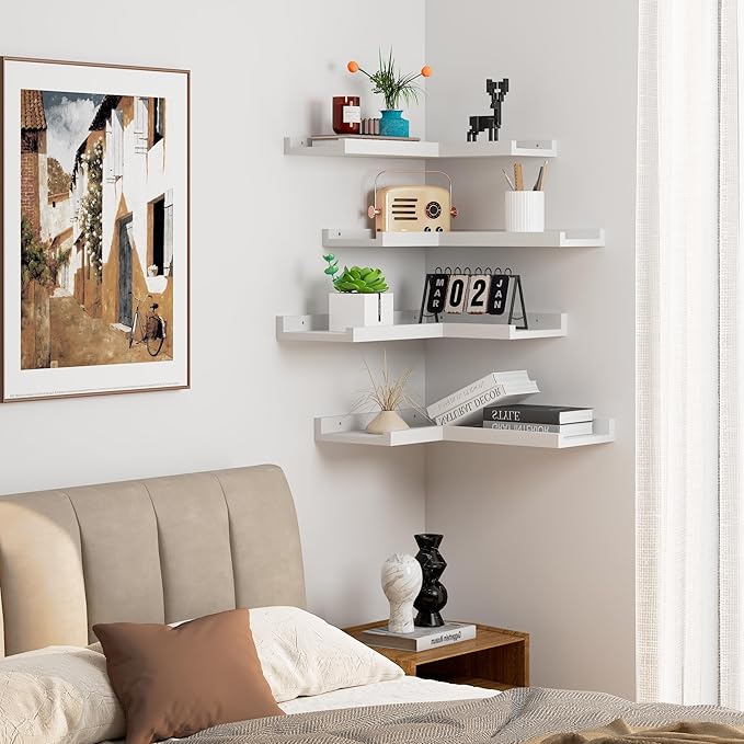 4 Tier Corner Wall Shelf, Floating Shelves with Lip, White Modern Corner Shelves Wall Mounted, Solid Pine Wood L Shaped Shelf for Living Room, Bedroom, Bathroom, Home Storage