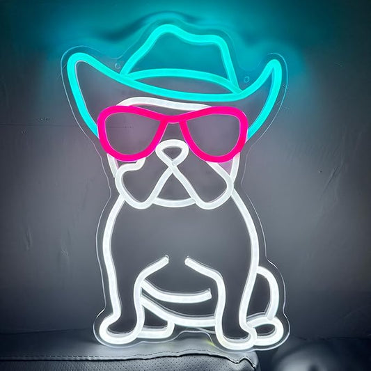 Cowboy French Bulldog Neon Sign for Wall Decor Cowboy Frenchie Wearing Glasses LED Neon Lights French Bulldog Decor Accessories Frenchie Decor French Bulldog Gifts (Cowboy),10.6x15.2 inches.