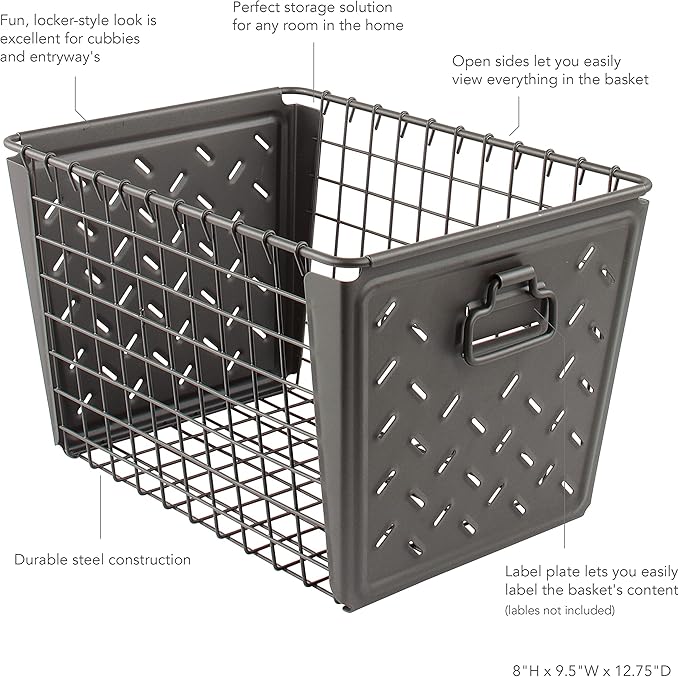 Spectrum Diversified Macklin, Stamped Steel & Wire Basket for Closet & Cubby Storage Vintage-Inspired Design with Customizable Label Plate, Medium, Industrial Gray, 1 Count (Pack of 1)