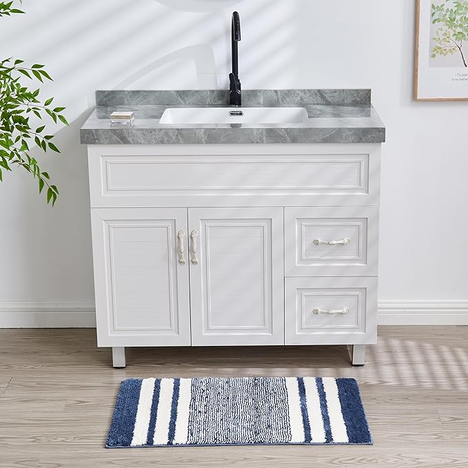 CozeCube Blue Striped Bath mats for Bathroom Non Slip, Fluffy Absorbent Microfiber Bath mat Washable, Aesthetic Bathroom Rugs, Cute Bath mat for Sink, 24" x 16"