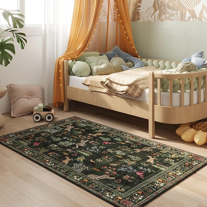 Area Rug 4x6 Rug Washable Boho Rugs Non Slip Low Pile Floral Animal Small Carpet for Bedroom, Bedside, Kids Room, Office, Dining Room (Green)