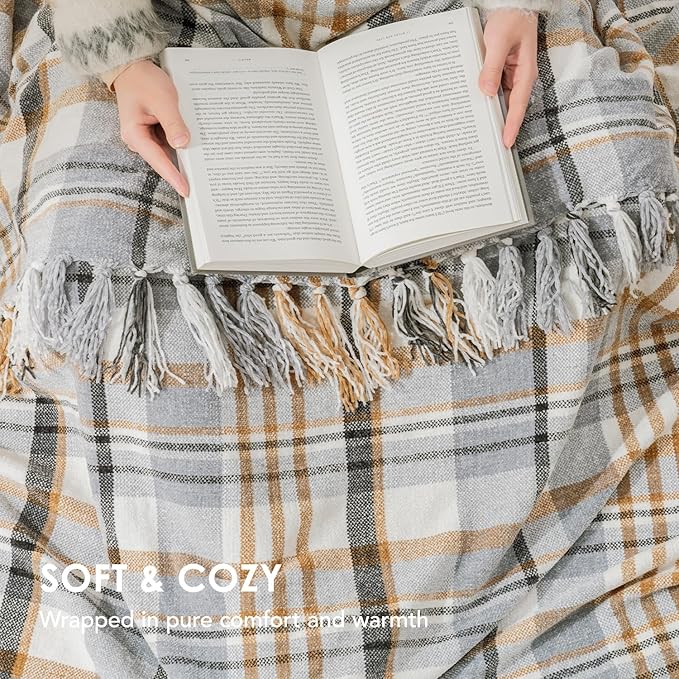 EVERGRACE Plaid Chenille Throw Blanket for Couch, Super Soft Cozy Decorative Farmhouse Plaid Throw with Tassels, Lightweight Chenille Knit Throw for Bed Sofa Gift Home Decor, Grey & Beige 50"x60"