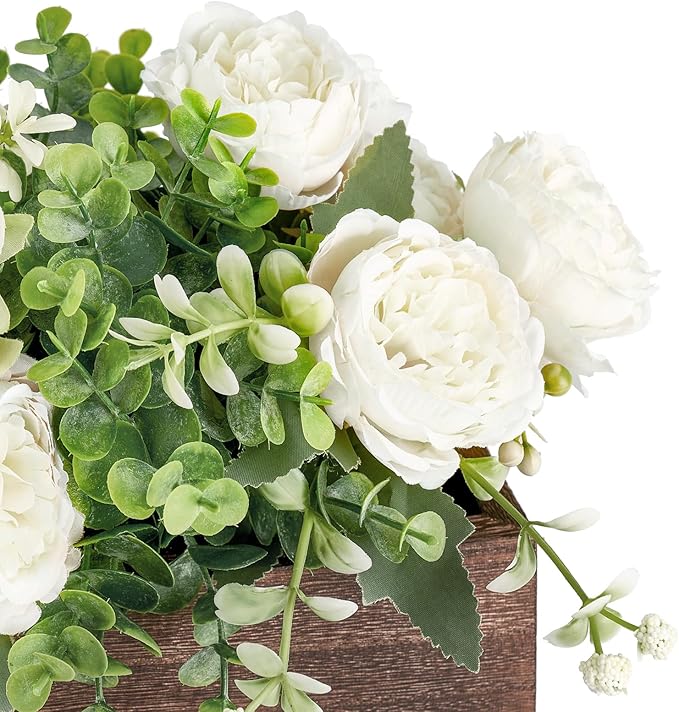Dahey Centerpiece Table Decorations for Dining Room Farmhouse Living Room Table Centerpieces Decor Wood Tray with 3 Artificial Flowers and 2 Eucalyptus for Kitchen Table, 14.1" x 4.7" x 3.1", White