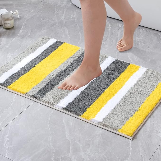 MIULEE Fluffy Bathroom Rugs Bath Mats Rugs Microfiber Striped Shower Rug Absorbent, Soft and Plush Machine Washable Non Slip Carpet Quick Dry for Bathroom Floor Tub, 20x30 Inch, Yellow-Grey