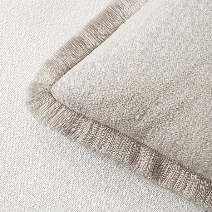 MIULEE Decorative Lumbar Throw Pillow Covers Neutral Linen Fringe Throw Pillows Set of 2 Natural Beige Boho Farmhouse Cushion Covers for Couch Sofa Bed Living Room Spring Home Decor 12x20 Inch